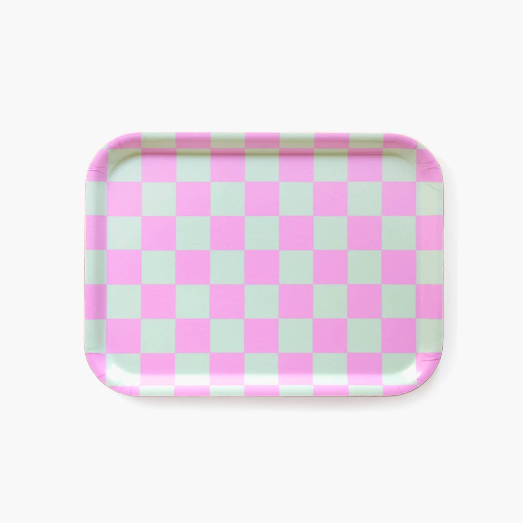 BLU KAT - CHECKER Serviertablett (27 x 20 cm) | Minze/Pfingstrosen - ROSA ECK - Blau, Holz, Rosa