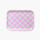 BLU KAT - CHECKER Serviertablett (27 x 20 cm) | Minze/Pfingstrosen - ROSA ECK - Blau, Holz, Rosa