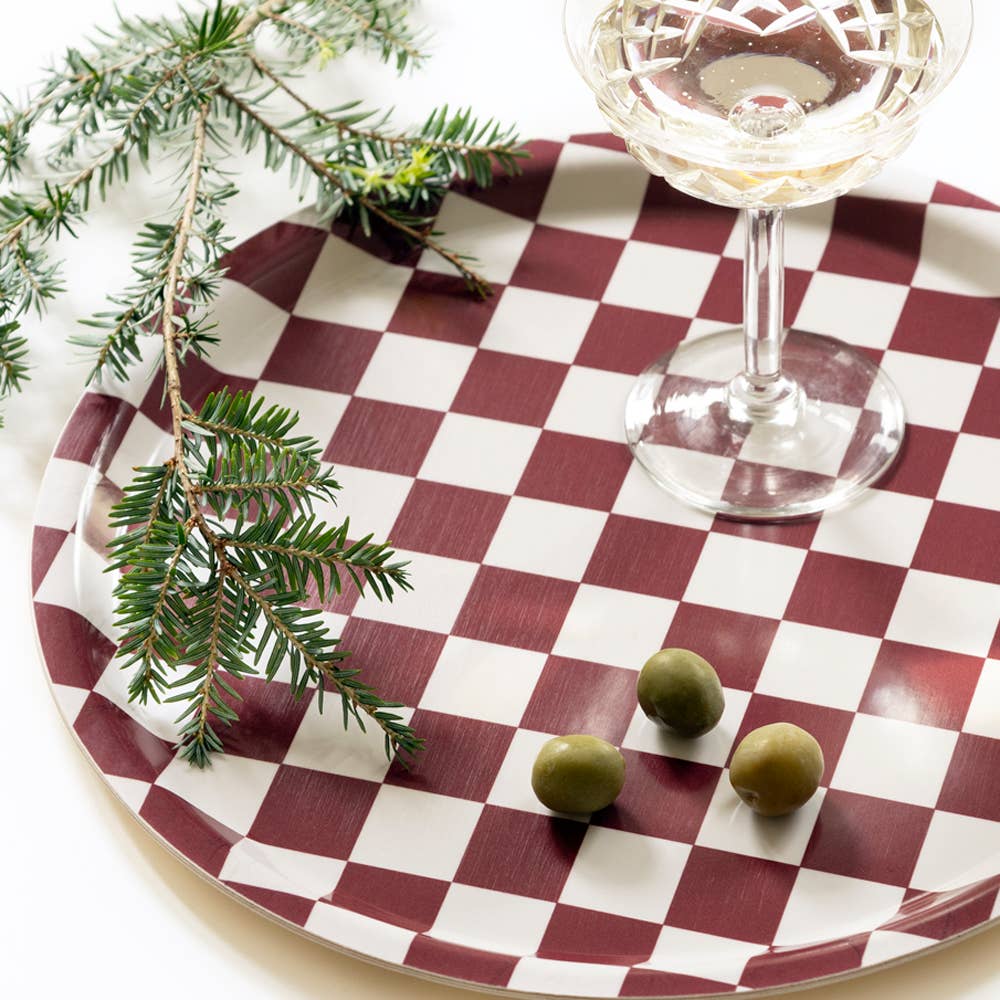 BLU KAT - CHECKER Serviertablett (⌀ 31 cm) | Burgundy/Cream - ROSA ECK - Rund, ,