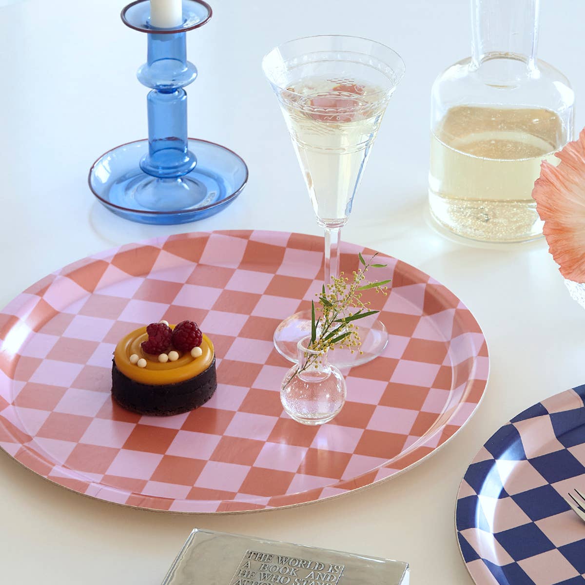 BLU KAT - CHECKER Serviertablett (⌀ 31 cm) | Orange/Pink - ROSA ECK - Holz, Orange, Pink