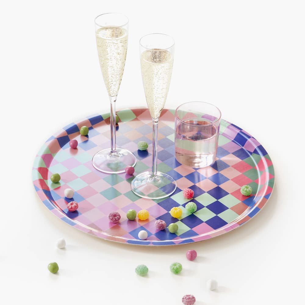 BLU KAT - CHECKER Serviertablett (⌀ 38 cm) | Mehrfarbig - ROSA ECK - Bunt, Holz,