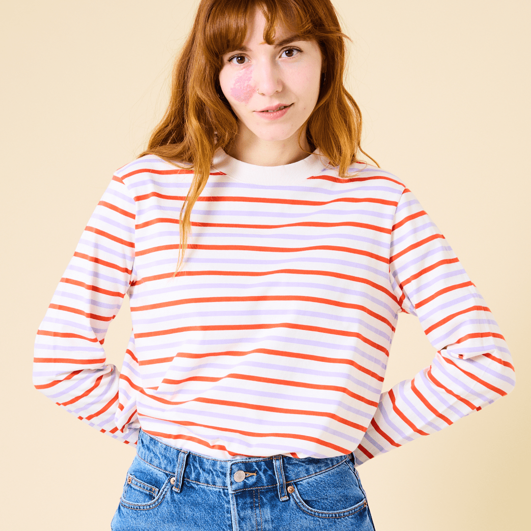 popeia - Langarmshirt Gestreift aus Bio - Baumwolle | Lila/Rot/Weiß - ROSA ECK - Lila, Rot, Streifen