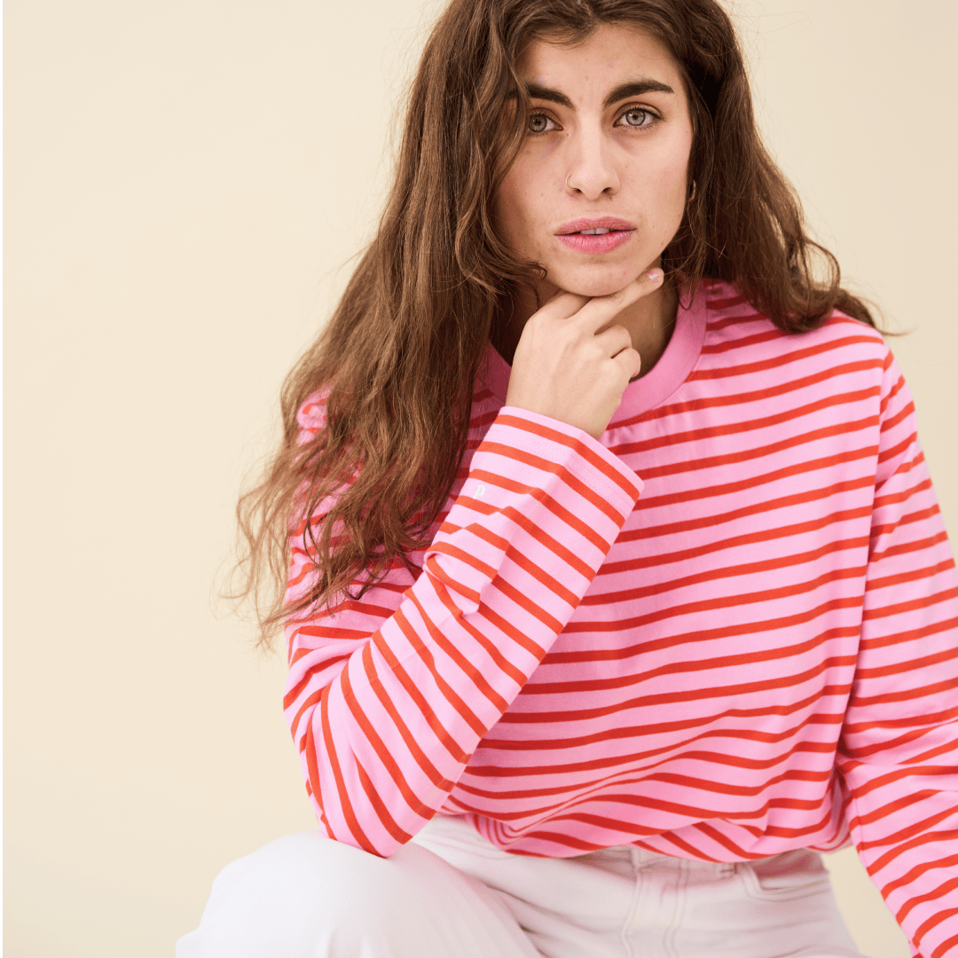 popeia - Langarmshirt Gestreift aus Bio - Baumwolle | Pink/Rot - ROSA ECK - Pink, Rot, Streifen