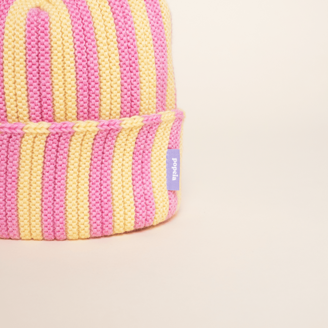 popeia - Special Beanie aus Merinowolle | Hellgelb/Pink - ROSA ECK - , ,