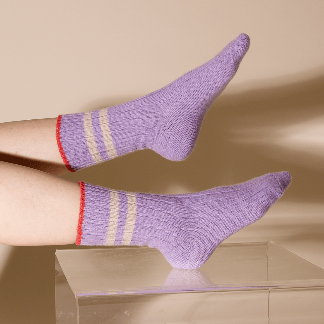 popeia - Stricksocken aus Wolle | Lila mit Streifen - ROSA ECK - , ,