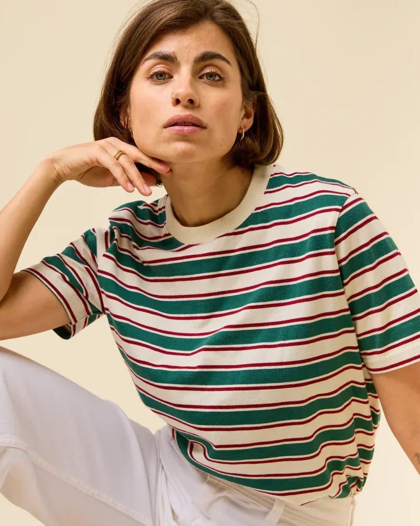 popeia - T-Shirt Gestreift aus Bio - Baumwolle • Dunkelgrün/Bordeaux - T-Shirt - ROSA ECK