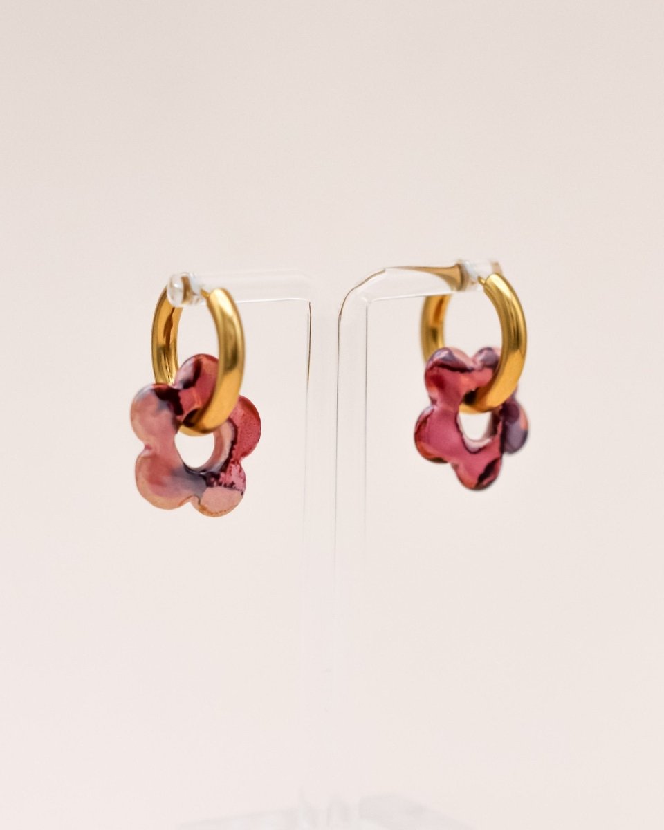 Sonstige - PINK/RED CERAMIC FLOWER Hoops - ROSA ECK - Gold, Pink, Rot