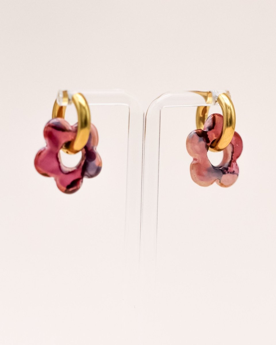 Sonstige - PINK/RED CERAMIC FLOWER Hoops - ROSA ECK - Gold, Pink, Rot