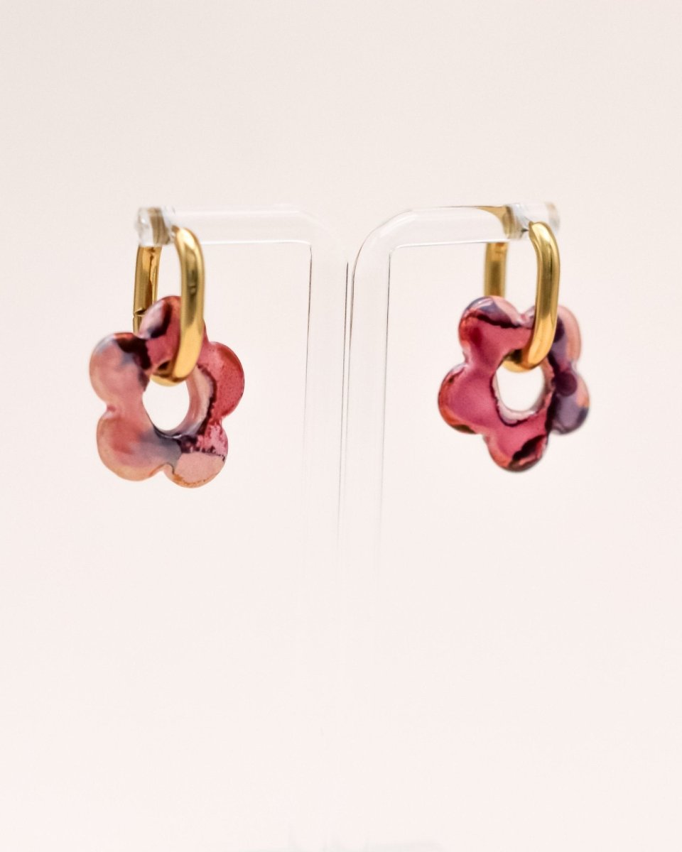Sonstige - PINK/RED CERAMIC FLOWER Hoops - ROSA ECK - Gold, Pink, Rot