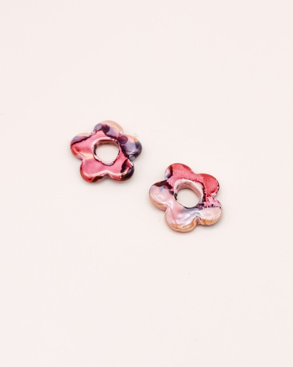 Sonstige - PINK/RED CERAMIC FLOWER Hoops - ROSA ECK - Gold, Pink, Rot