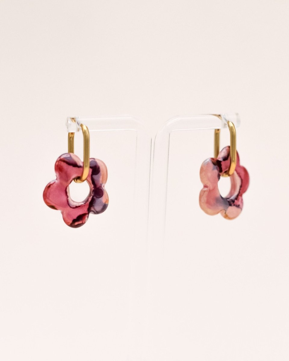Sonstige - PINK/RED CERAMIC FLOWER Hoops - ROSA ECK - Gold, Pink, Rot