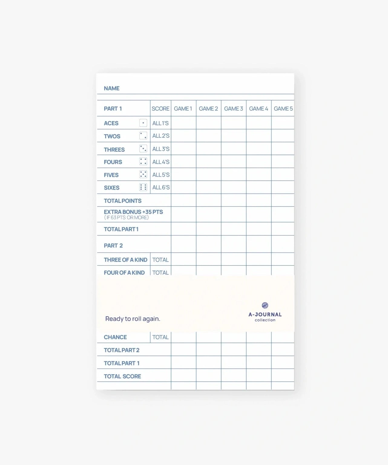A - Journal - A - YATZY Spielblock zum Nachfüllen• Blue - ROSA ECK