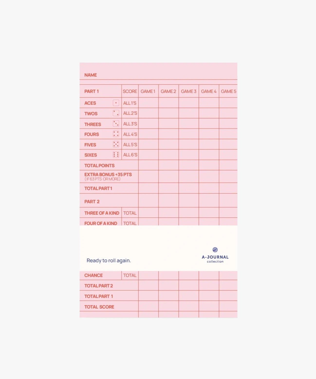 A - Journal - A - YATZY Spielblock zum Nachfüllen • Pink Red - ROSA ECK