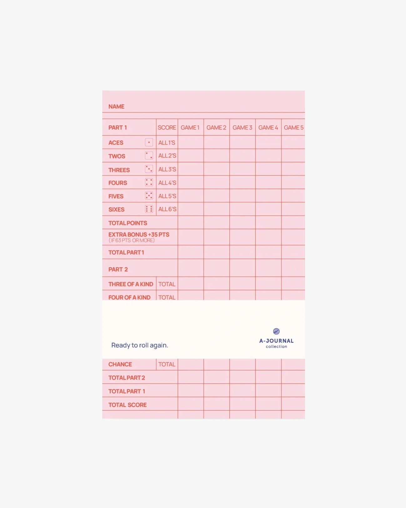 A - Journal - A - YATZY Spielblock zum Nachfüllen • Pink Red - ROSA ECK