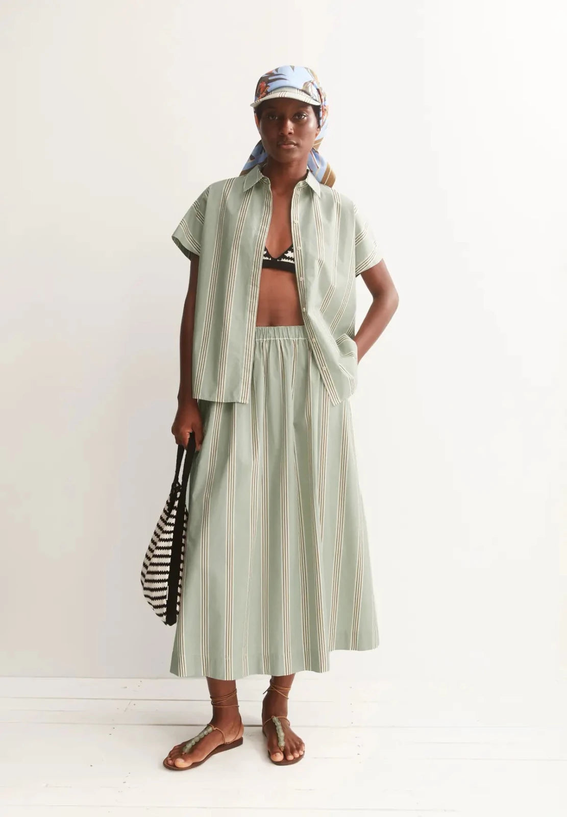 ARMEDANGELS - A - Linien Midirock mit Streifen • foam - light oatmilk - dried palm - ROSA ECK