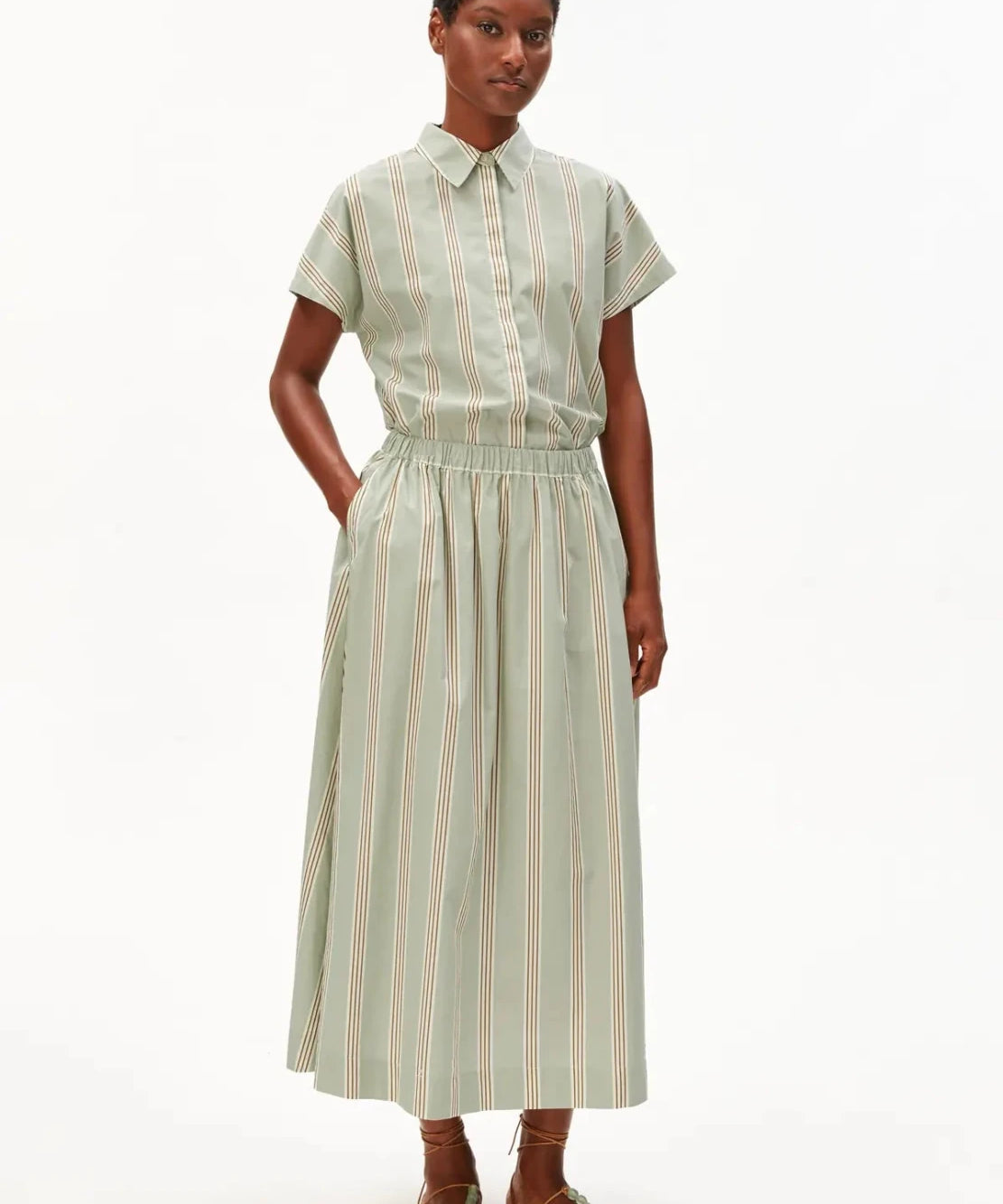 ARMEDANGELS - A - Linien Midirock mit Streifen • foam - light oatmilk - dried palm - ROSA ECK