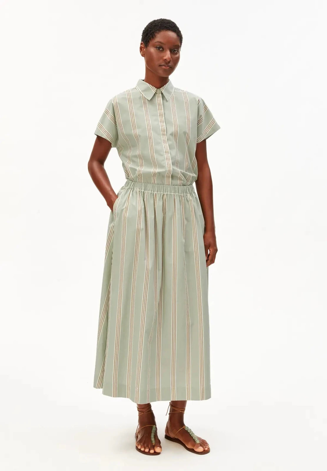 ARMEDANGELS - A - Linien Midirock mit Streifen • foam - light oatmilk - dried palm - ROSA ECK