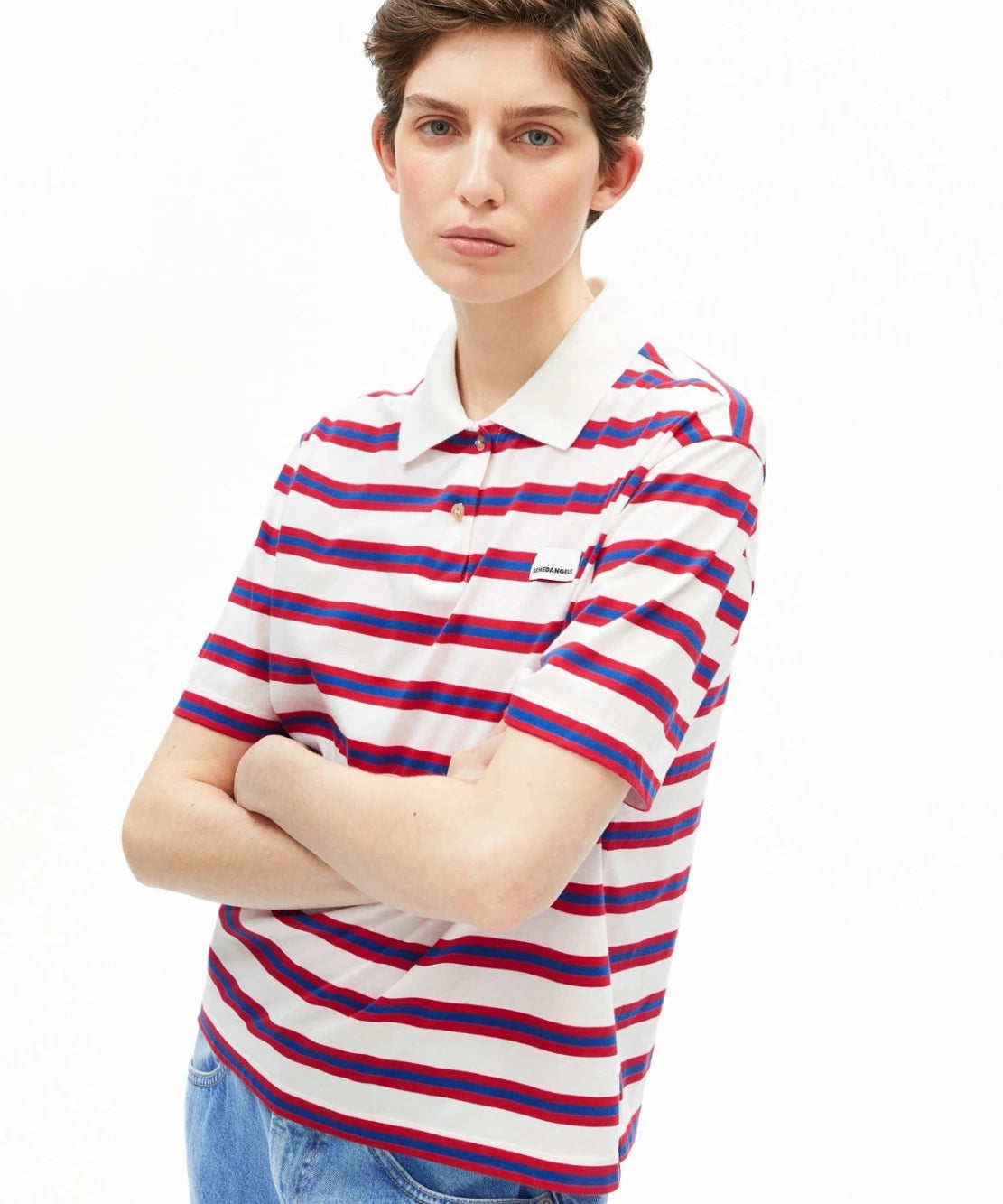 ARMEDANGELS - Gestreiftes Poloshirt • light oatmilk - mars red - dynamo blue - T-Shirt - ROSA ECK