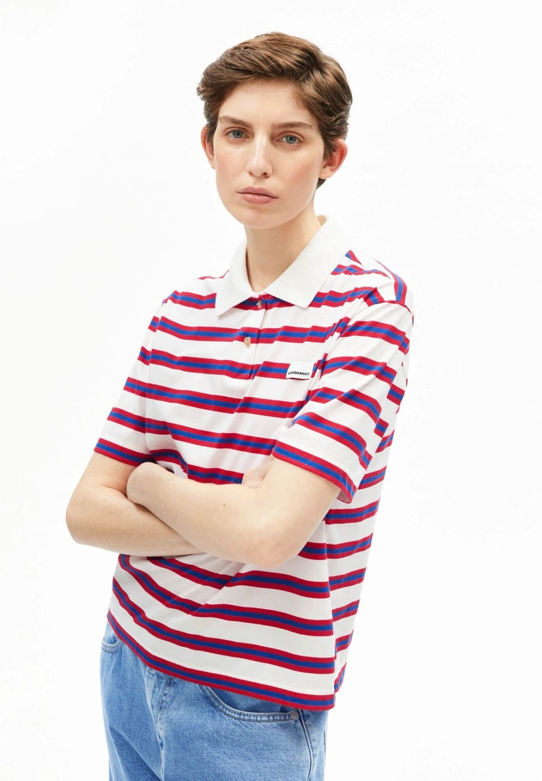 ARMEDANGELS - Gestreiftes Poloshirt • light oatmilk - mars red - dynamo blue - T-Shirt - ROSA ECK
