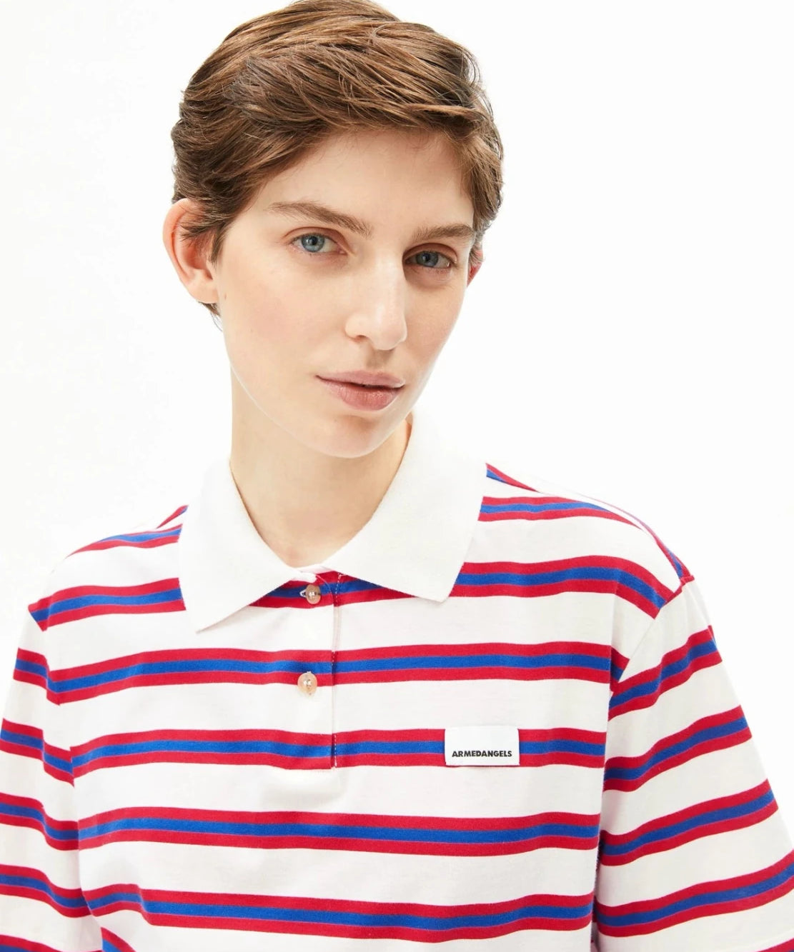ARMEDANGELS - Gestreiftes Poloshirt • light oatmilk - mars red - dynamo blue - T-Shirt - ROSA ECK