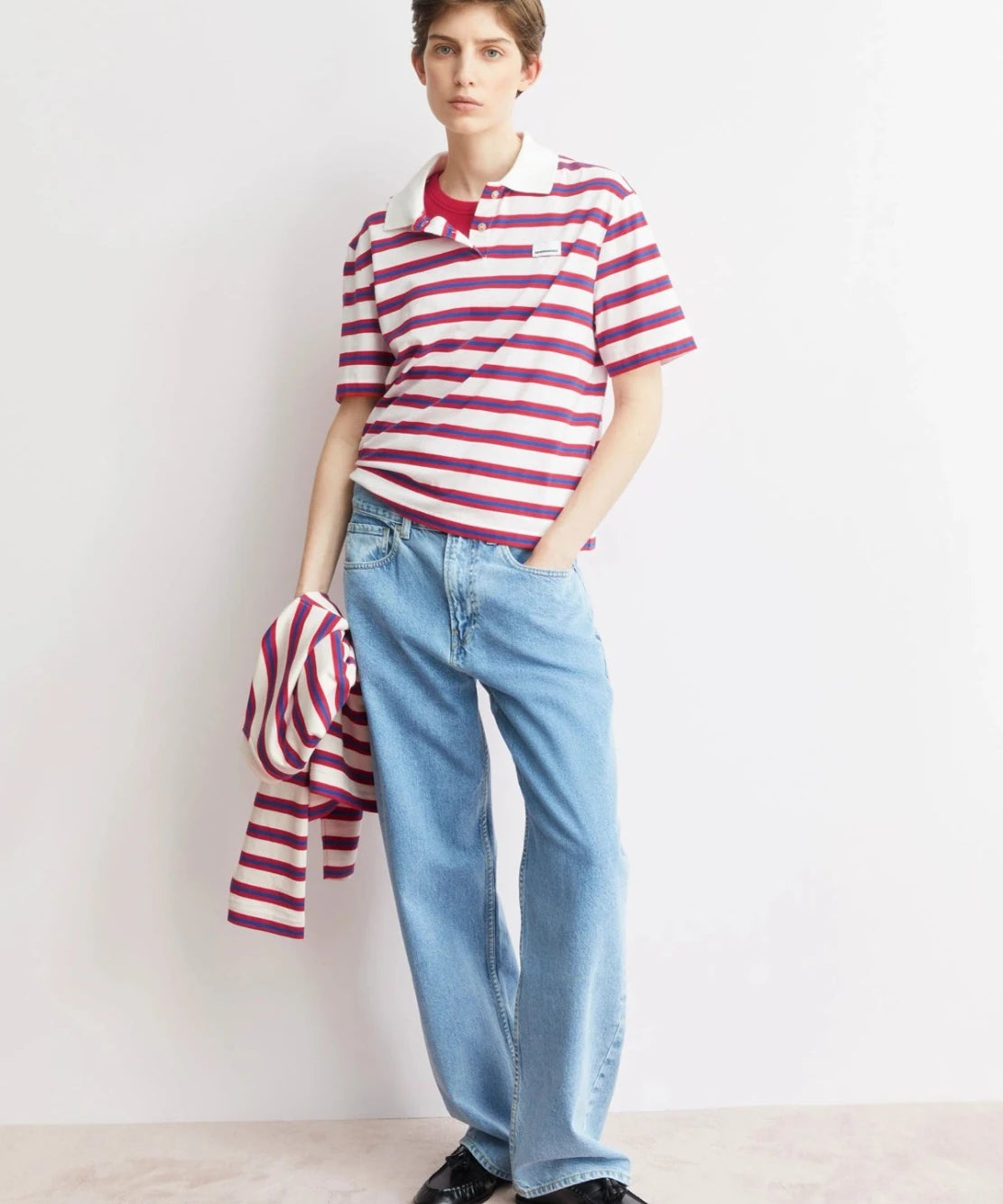 ARMEDANGELS - Gestreiftes Poloshirt • light oatmilk - mars red - dynamo blue - T-Shirt - ROSA ECK