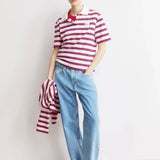 ARMEDANGELS - Gestreiftes Poloshirt • light oatmilk - mars red - dynamo blue - T-Shirt - ROSA ECK