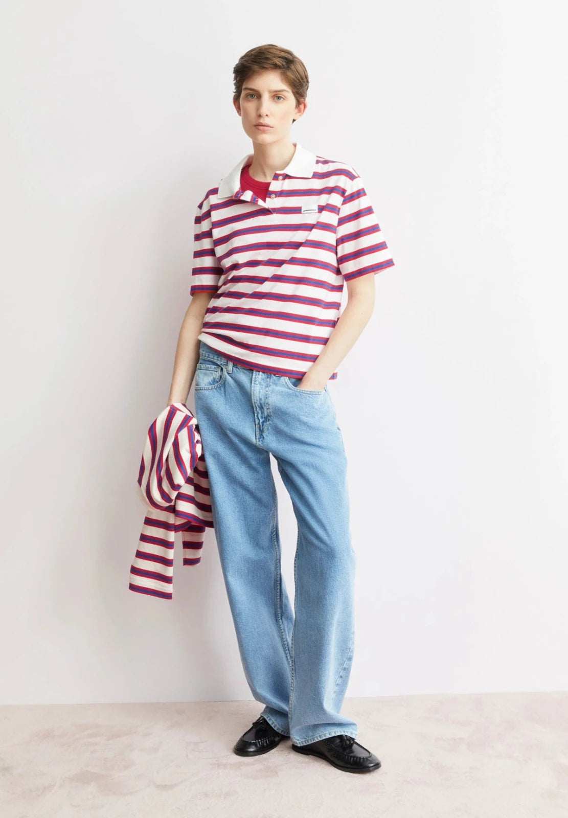 ARMEDANGELS - Gestreiftes Poloshirt • light oatmilk - mars red - dynamo blue - T-Shirt - ROSA ECK