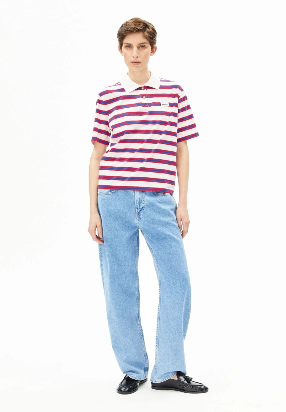 ARMEDANGELS - Gestreiftes Poloshirt • light oatmilk - mars red - dynamo blue - T-Shirt - ROSA ECK