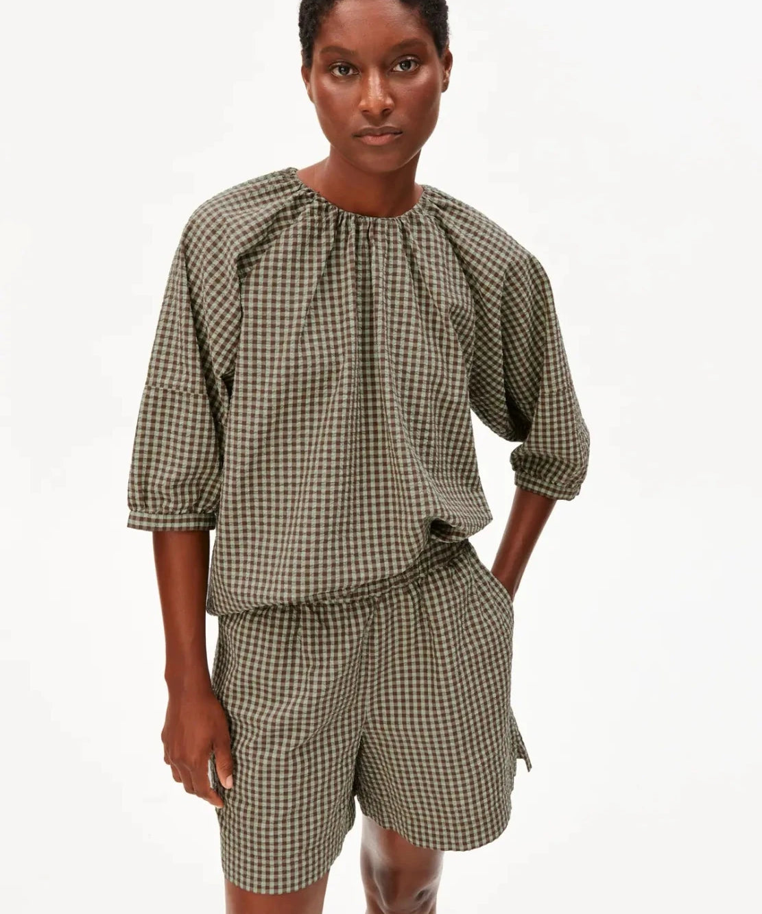 ARMEDANGELS - Kariert Bluse aus Seersucker • foam - dried palm - ROSA ECK