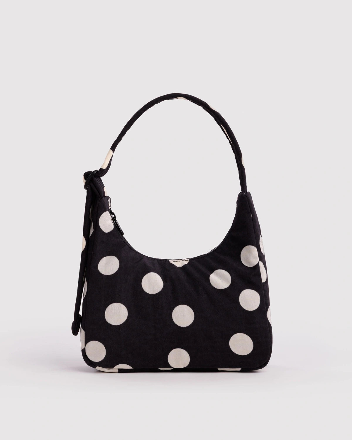 Mini Schultertasche aus Nylon • Black and Cream Polka Dot