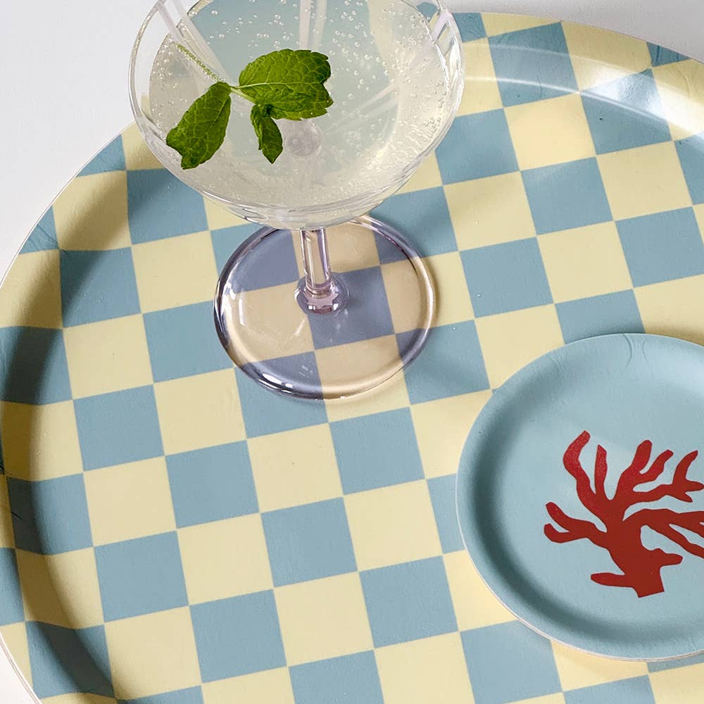 BLU KAT - LEMON SEAFOAM CHECKER Serviertablett rund (⌀ 31 cm) - Serviertablett - ROSA ECK Concept Store