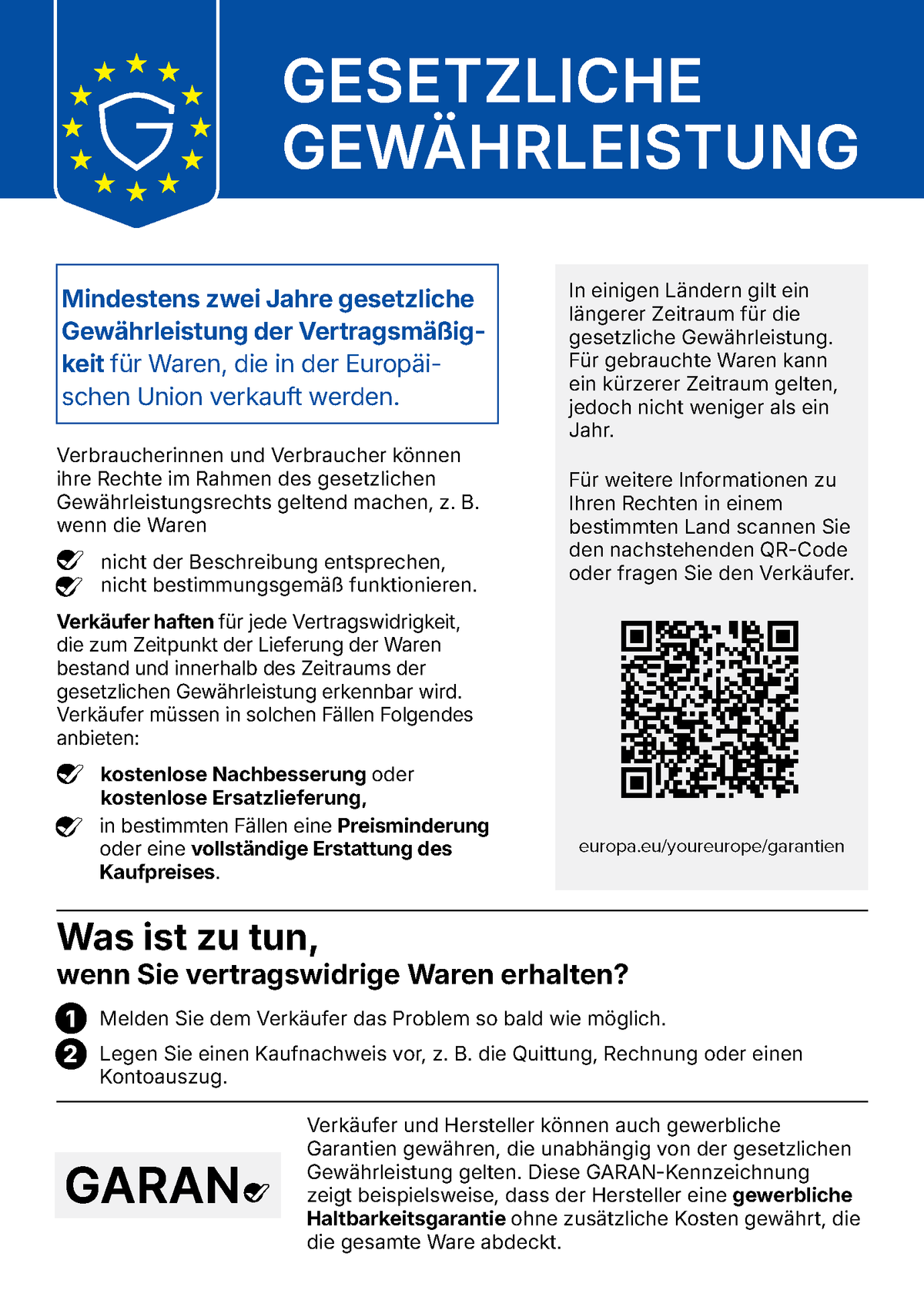 Harmonisierte EU-Mitteilung über das gesetzliche Gewährleistungsrecht: mindestens zwei Jahre Gewährleistung