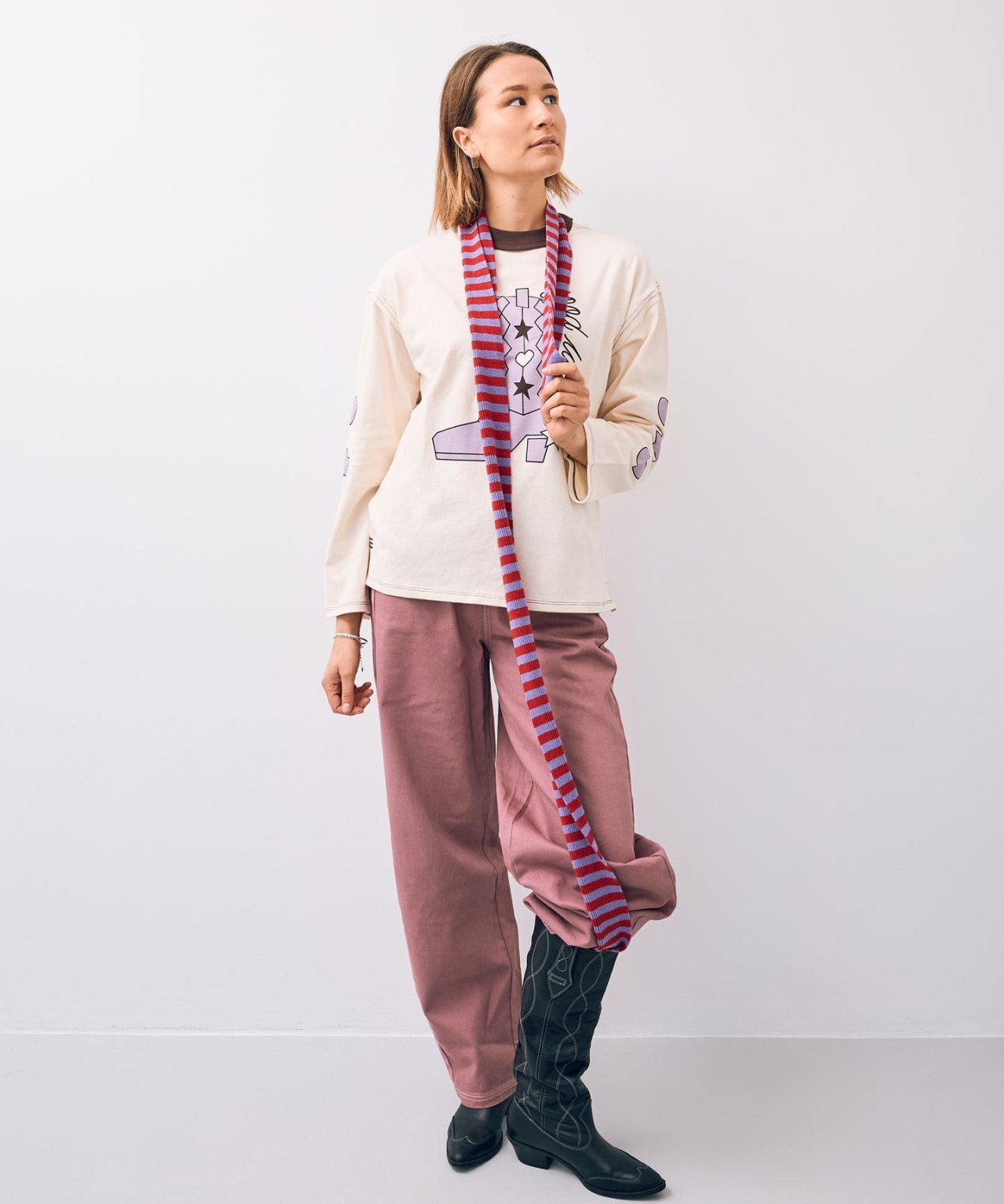 Happymess - Longsleeve + Schal aus Bio - Baumwolle • berry bloom - Pullover - ROSA ECK