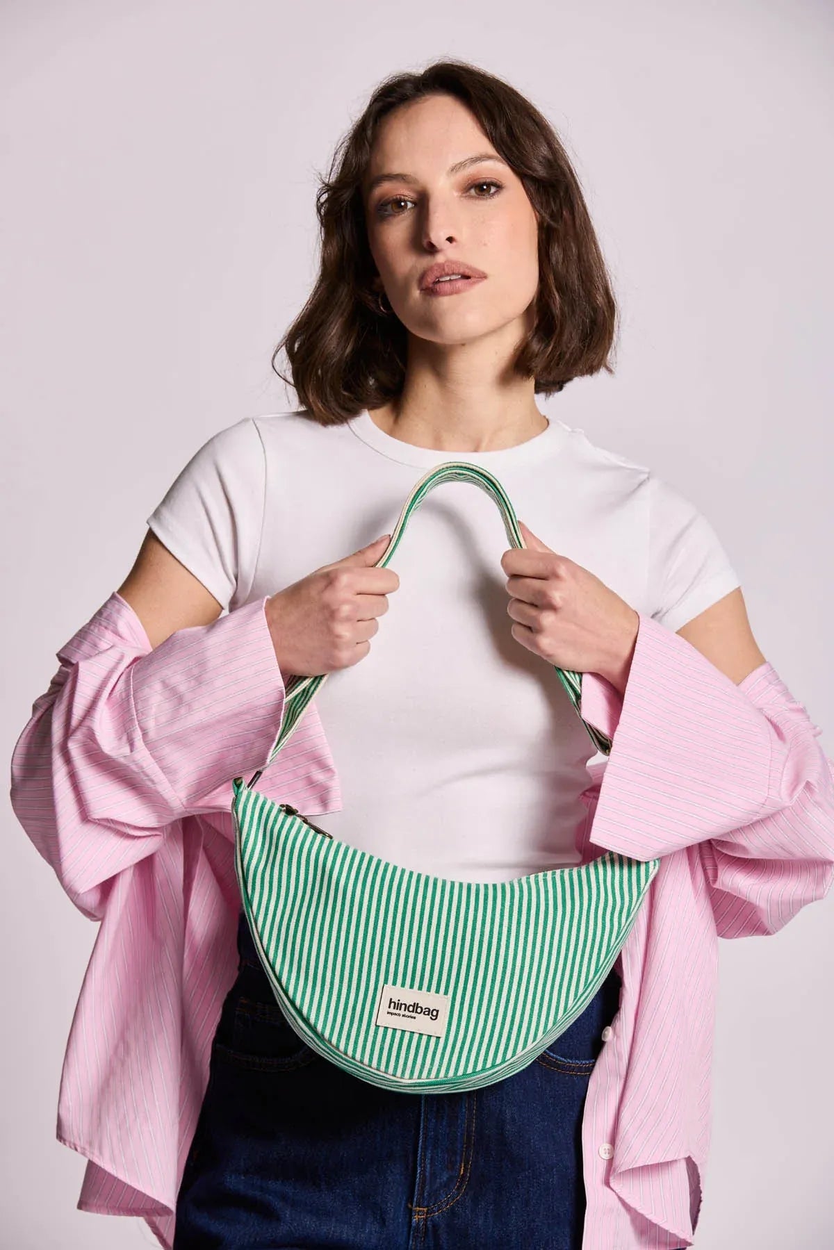Hindbag - ANDREA Umhängetasche • Feine Streifen Grün - ROSA ECK