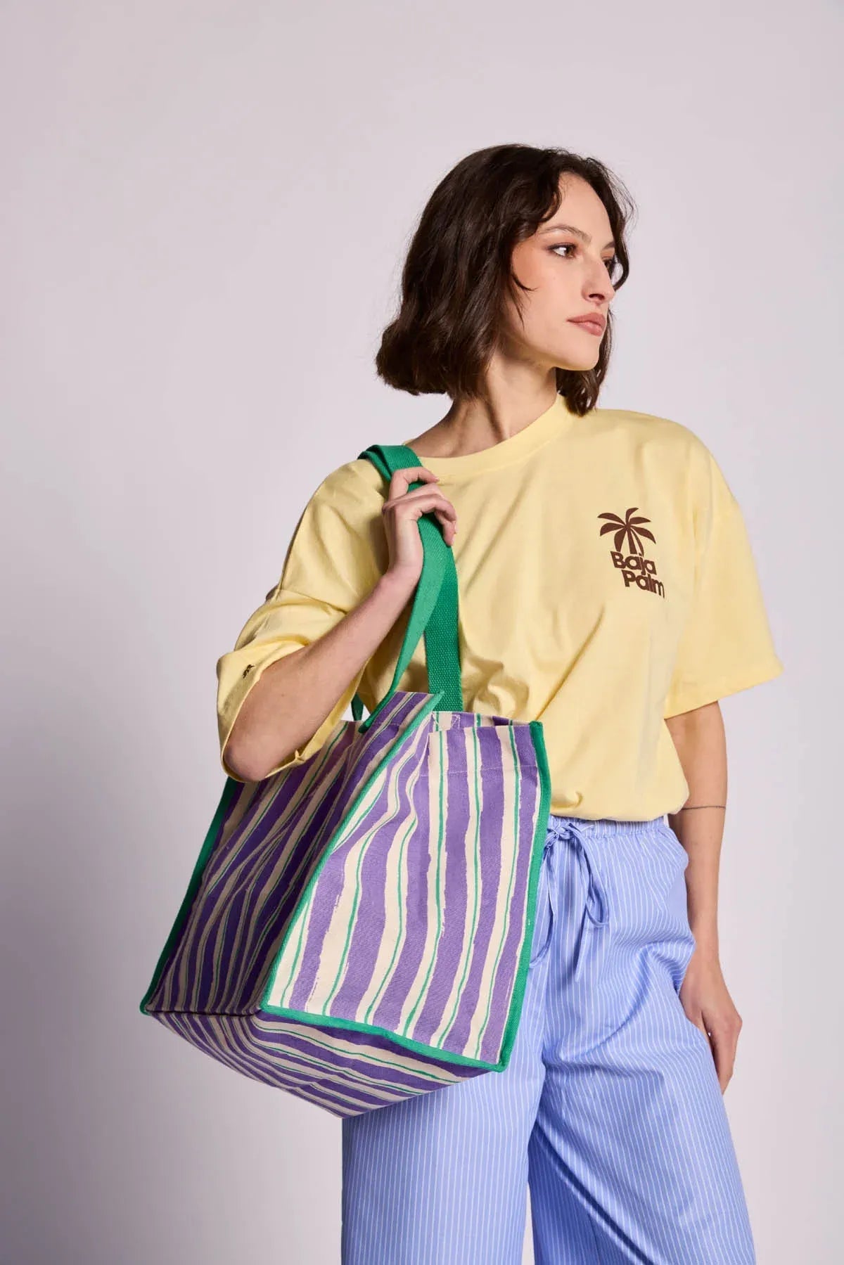 Hindbag - CLAUDE Einkaufstasche • Breite Streifen Violet/Grün - ROSA ECK