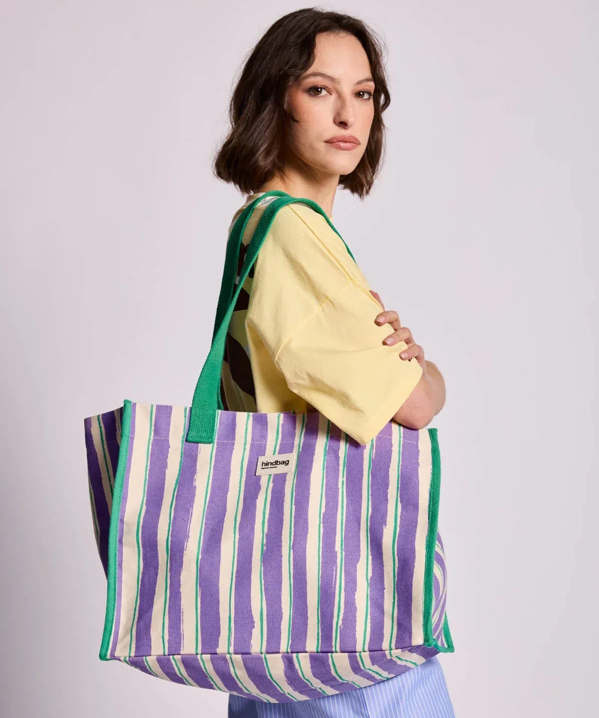 Hindbag - CLAUDE Einkaufstasche • Breite Streifen Violet/Grün - ROSA ECK
