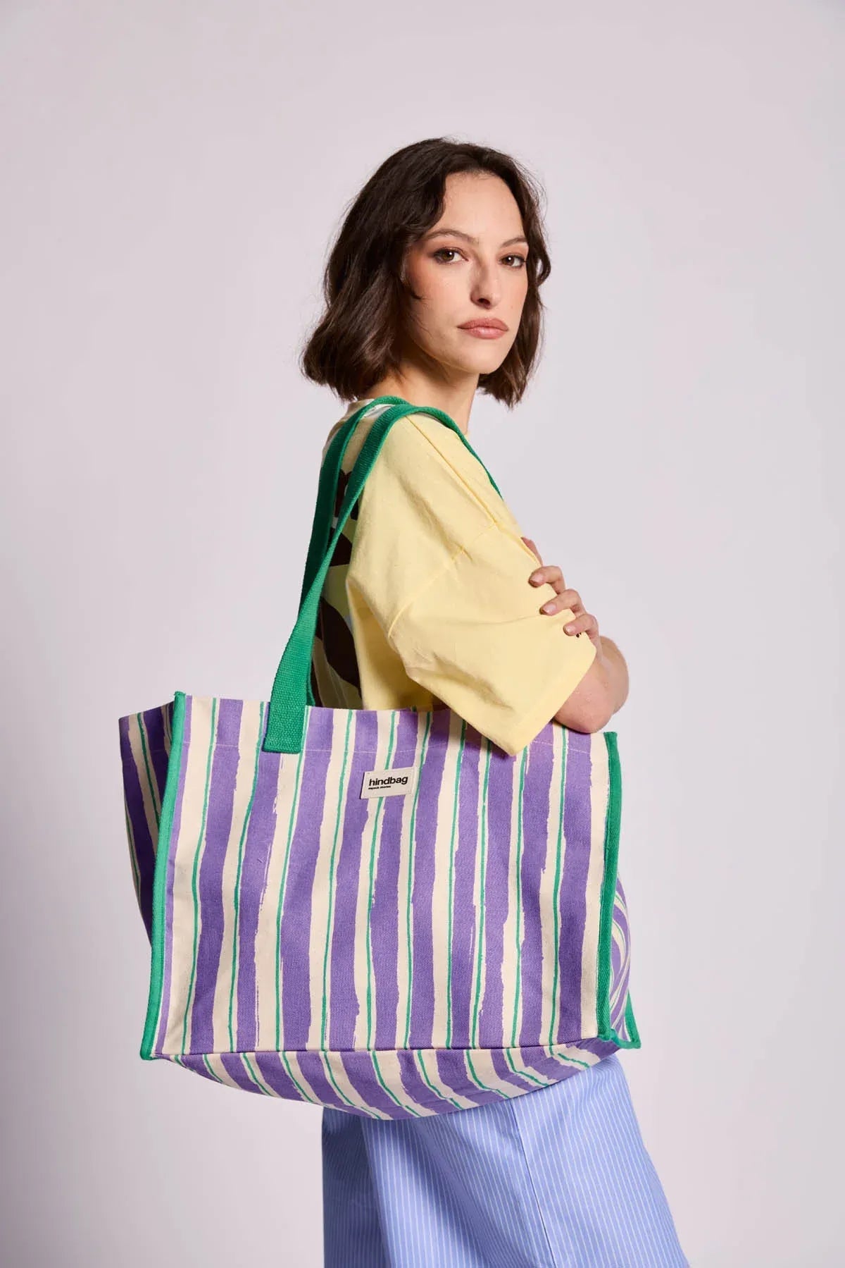 Hindbag - CLAUDE Einkaufstasche • Breite Streifen Violet/Grün - ROSA ECK