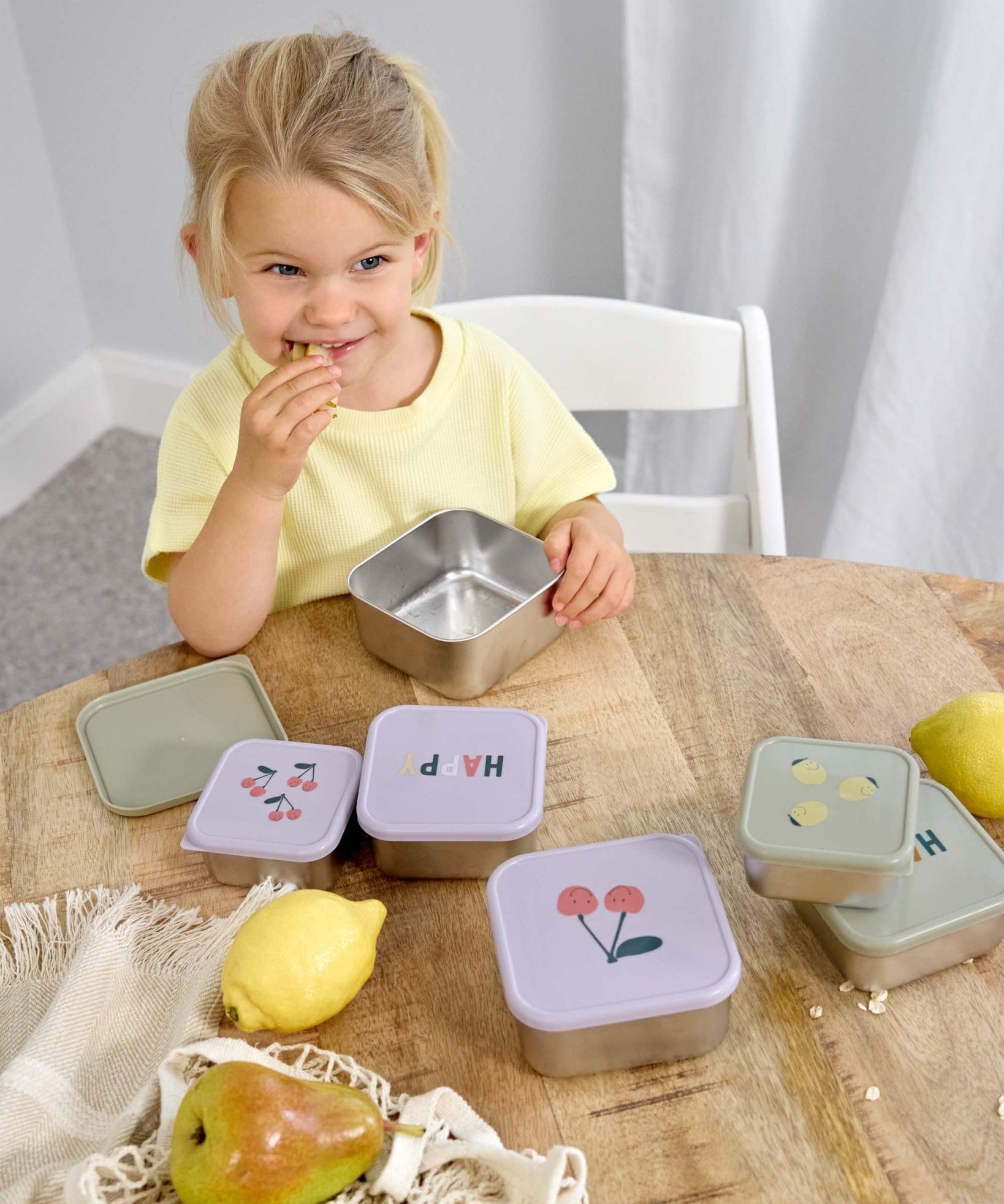 Lässig - HAPPY FRUITS Snackbox 3er - Set | Zitrone - Kindergeschirr - ROSA ECK - Brotdose, Dose, Edelstahl