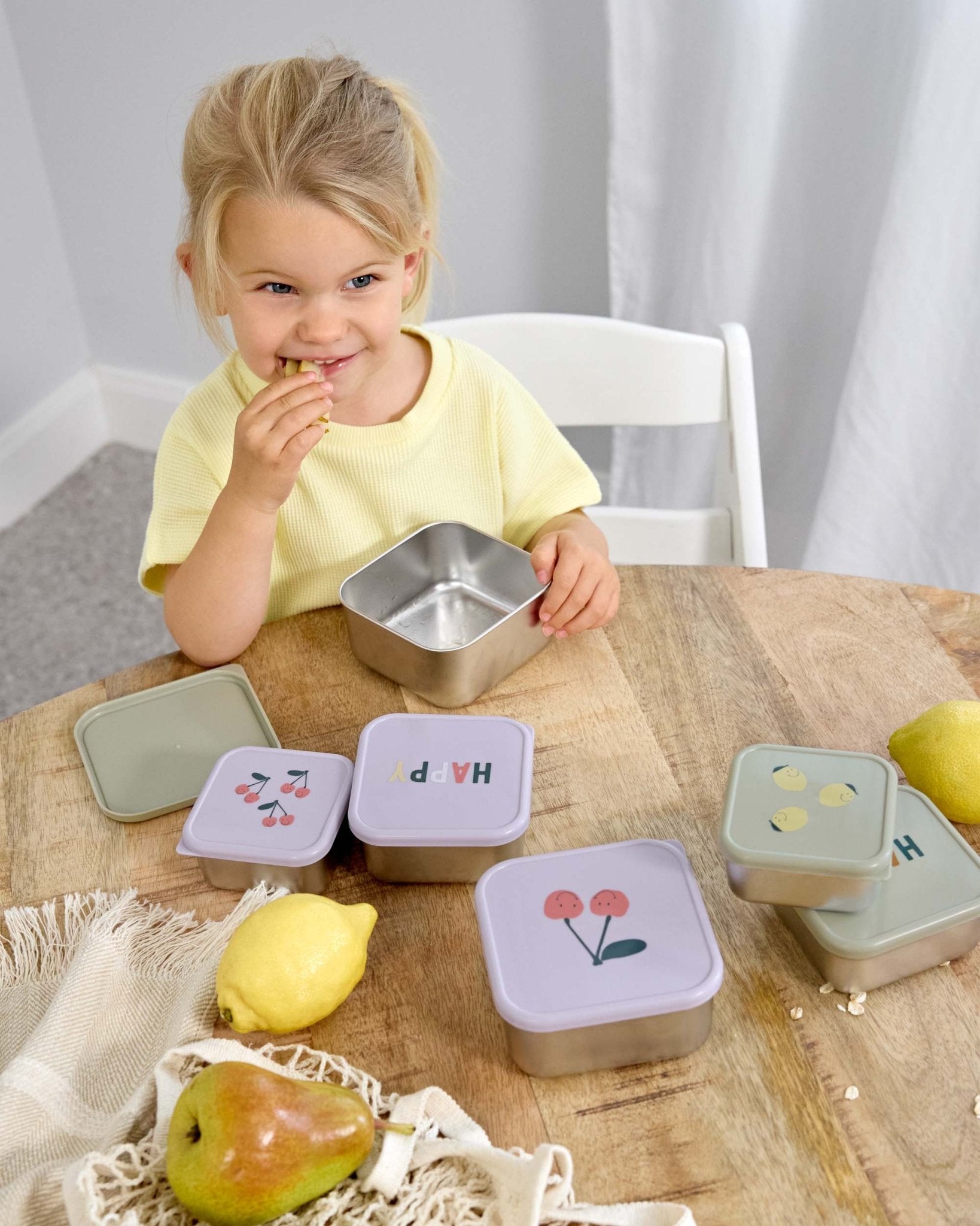 Lässig - HAPPY FRUITS Snackbox 3er - Set | Zitrone - Kindergeschirr - ROSA ECK - Brotdose, Dose, Edelstahl