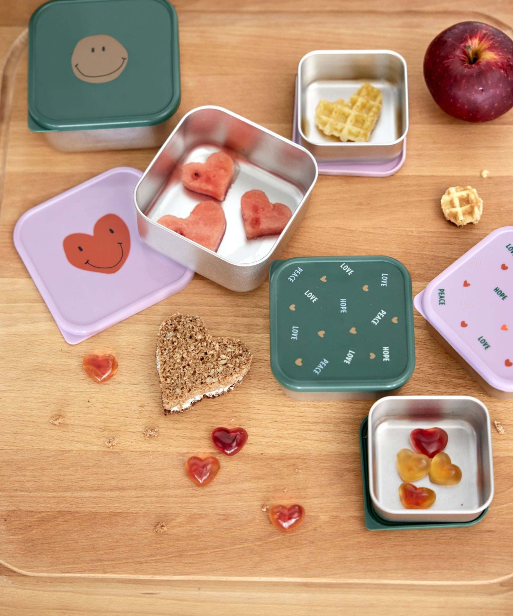 Lässig - HAPPY RACALS Snackbox 3er - Set | Herz - Kindergeschirr - ROSA ECK - Brotdose, Dose, Edelstahl