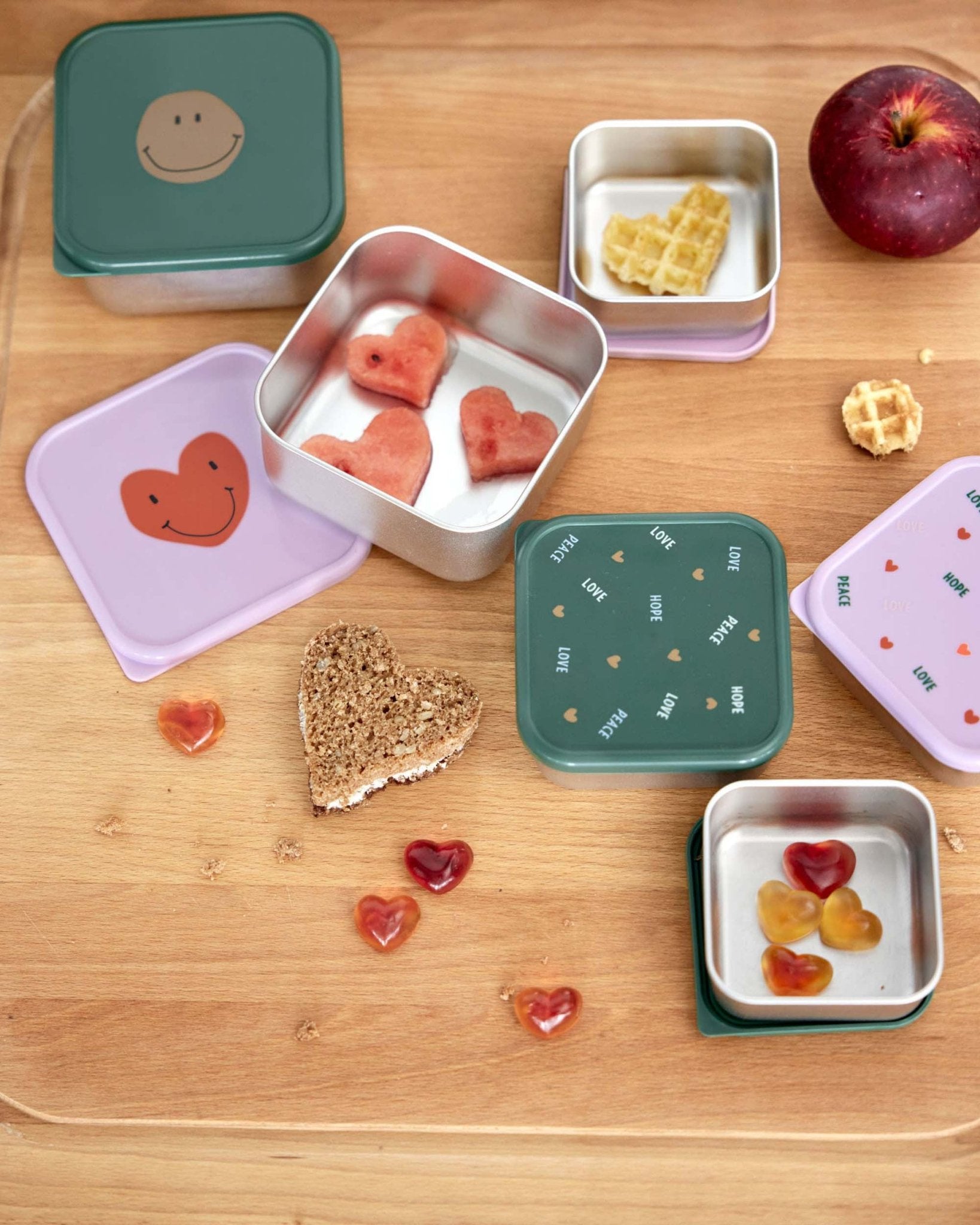 Lässig - HAPPY RACALS Snackbox 3er - Set | Herz - Kindergeschirr - ROSA ECK - Brotdose, Dose, Edelstahl