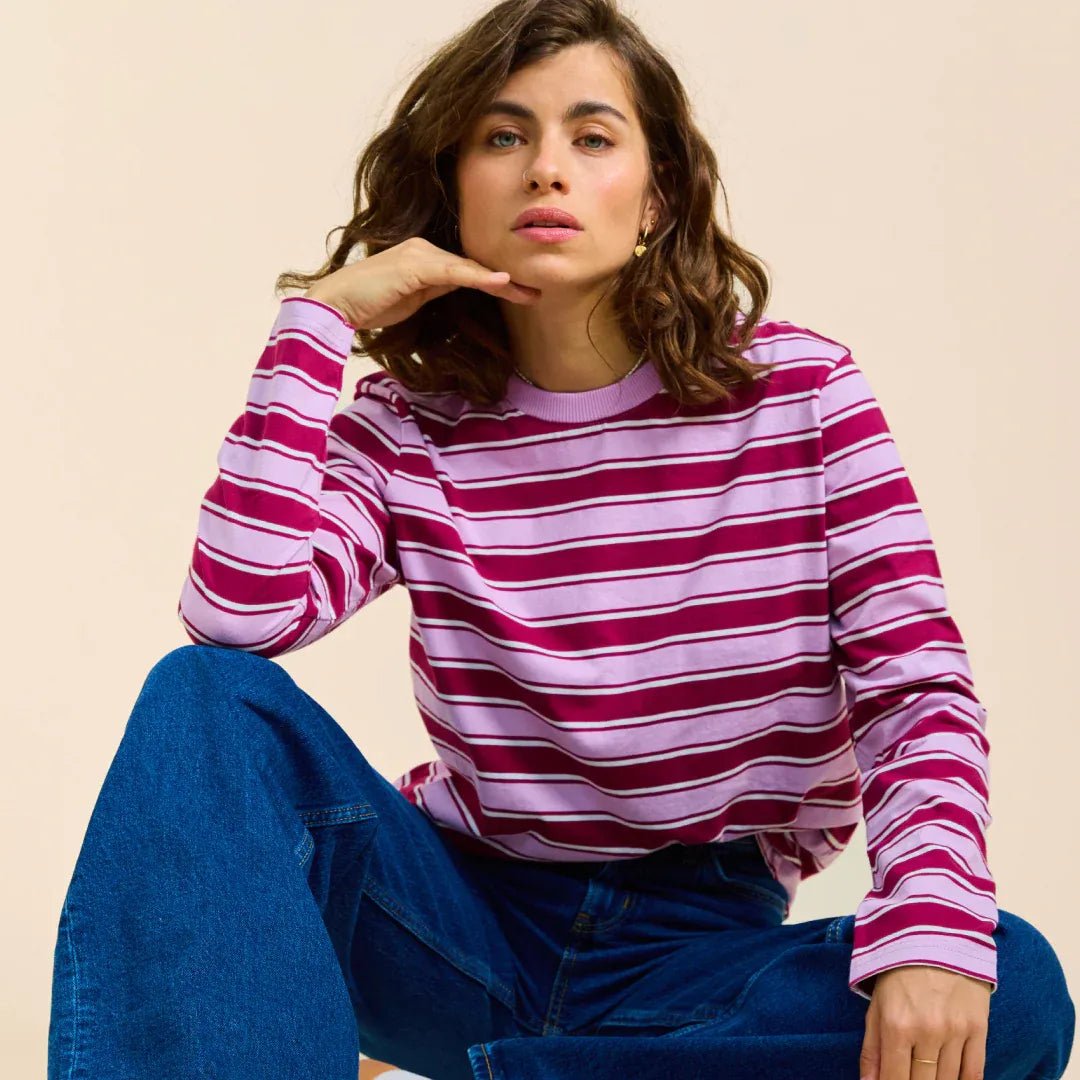 popeia - Langarmshirt Gestreift aus Bio - Baumwolle • Aubergine/Pink - ROSA ECK