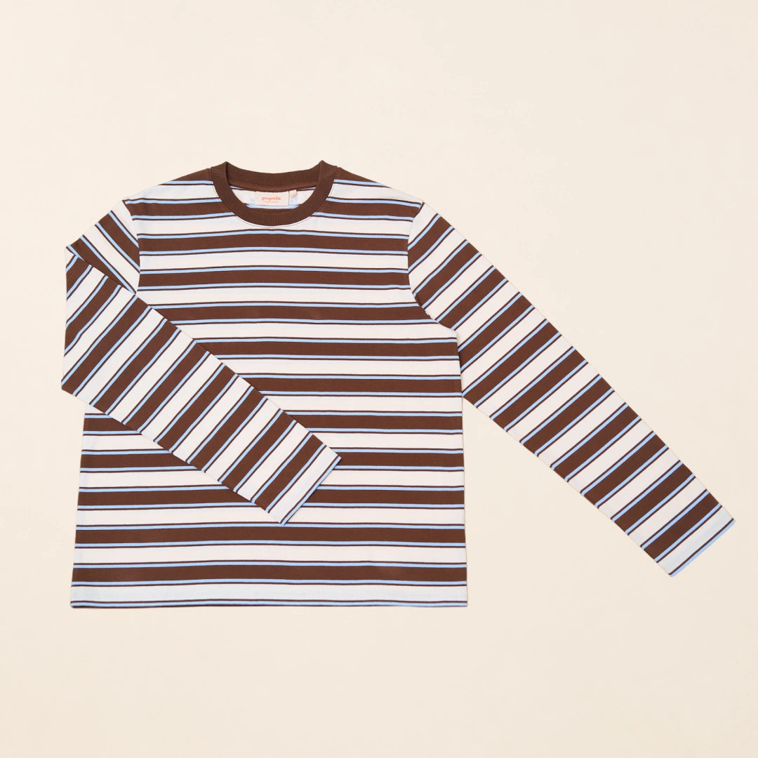 Gestreiftes Langarmshirt aus Bio-Baumwolle in Braun und Hellblau