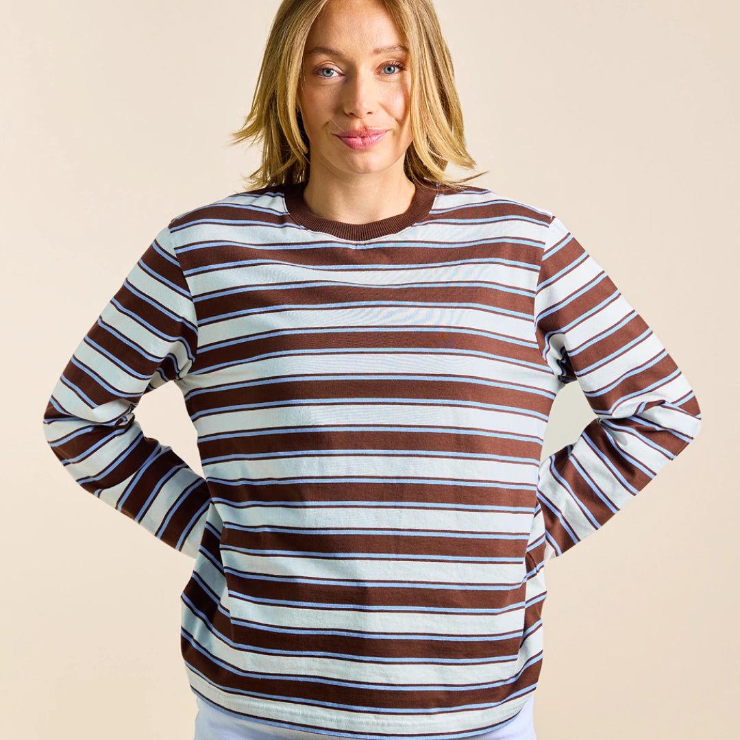 Gestreiftes Langarmshirt in Braun und Hellblau – Ansicht 3