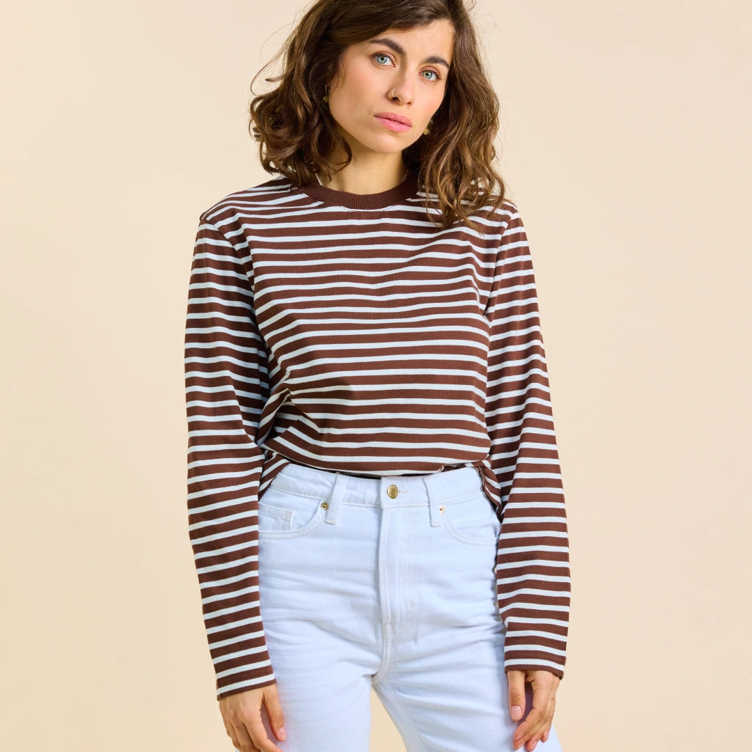 Gestreiftes Langarmshirt in Braun und Cremeweiß – Ansicht 3