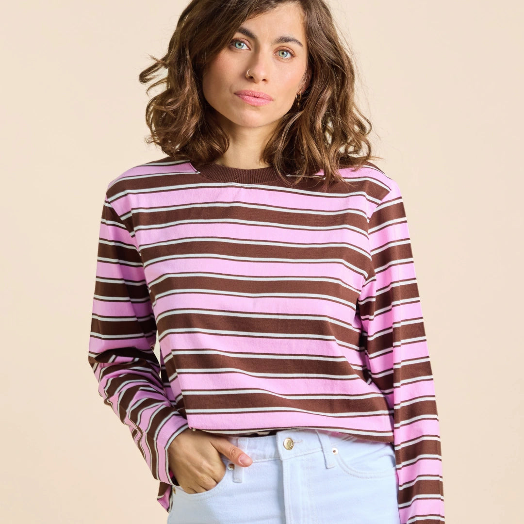 Gestreiftes Langarmshirt in Braun und Pink – Ansicht 3