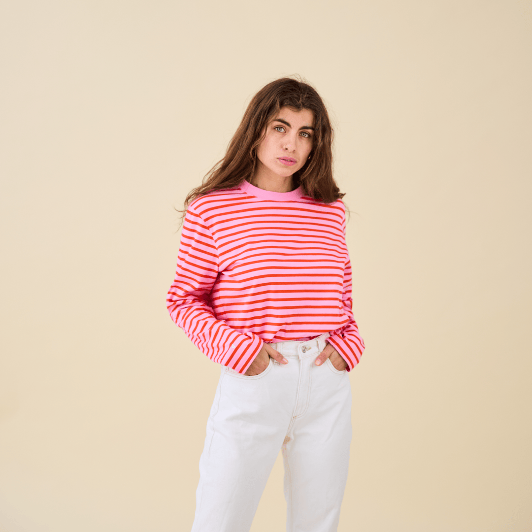 popeia - Langarmshirt Gestreift aus Bio - Baumwolle | Pink/Rot - ROSA ECK - Pink, Rot, Streifen