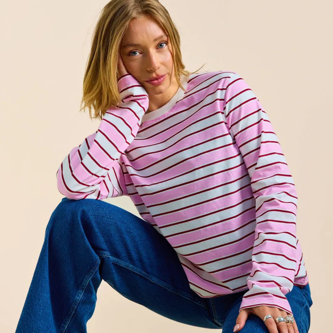 popeia - Langarmshirt Gestreift aus Bio - Baumwolle • Weiß/Pink - ROSA ECK