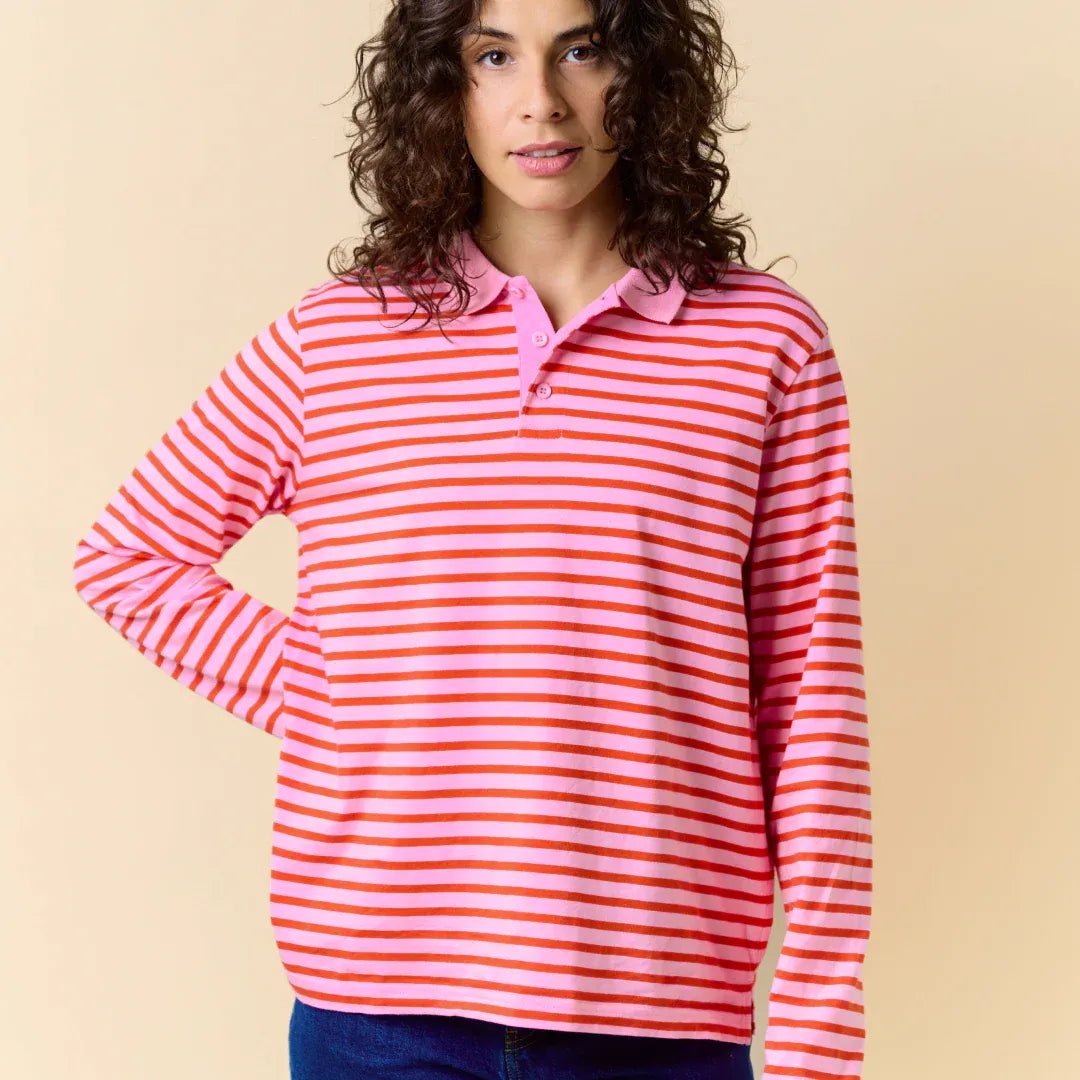 popeia - Poloshirt Gestreift aus Bio - Baumwolle • Pink/Rot - Poloshirt - ROSA ECK