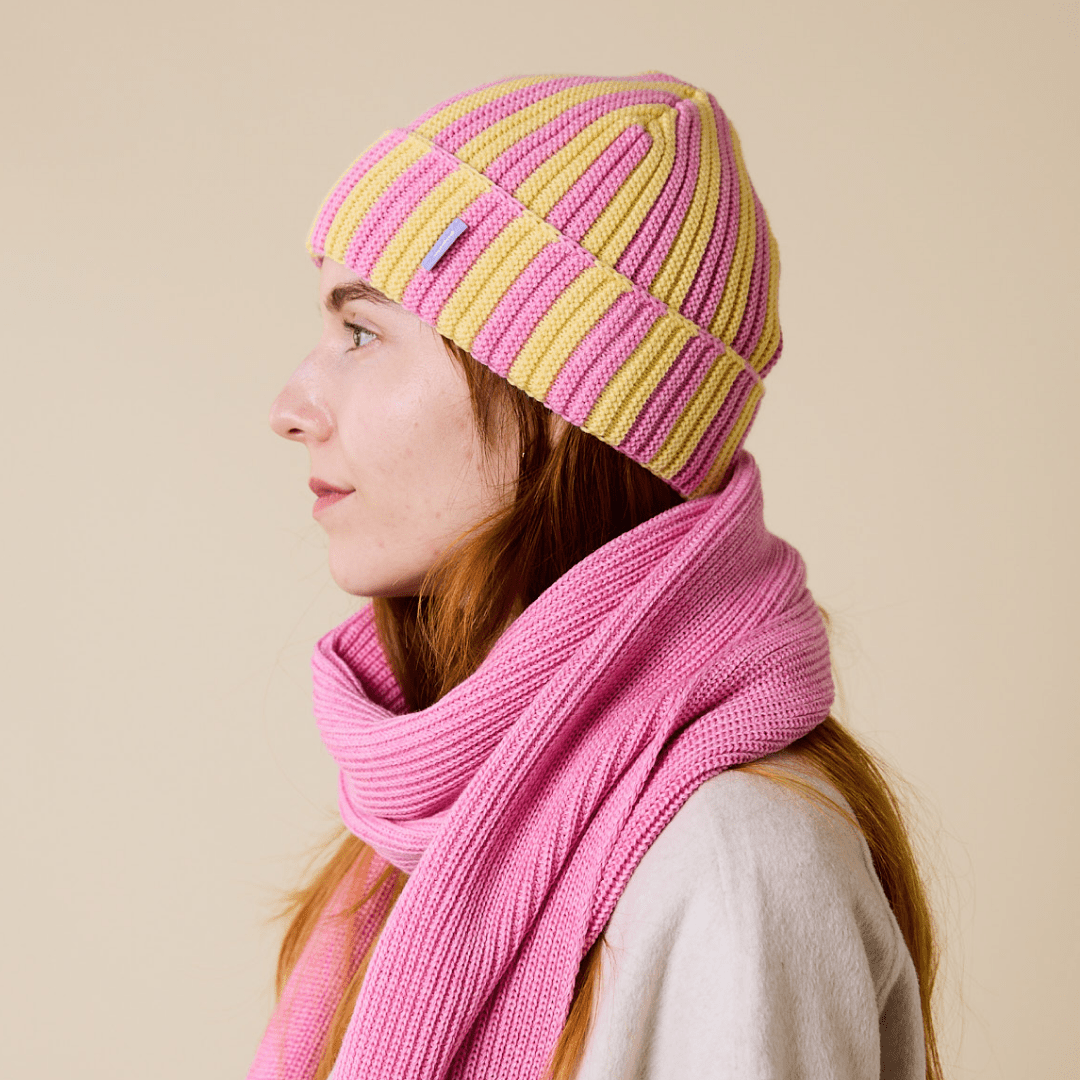 popeia - Special Beanie aus Merinowolle | Hellgelb/Pink - ROSA ECK